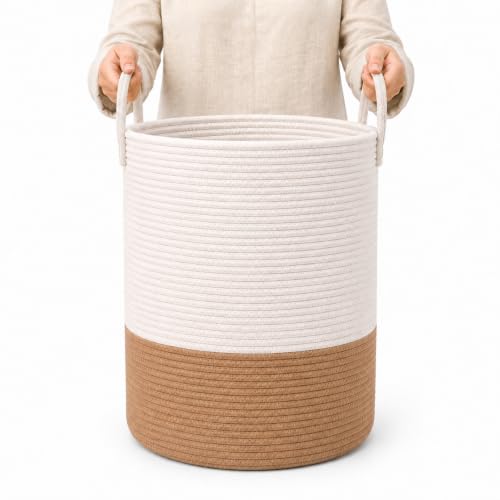 Image of OrganiHaus Tall Cotton Rope Laundry Basket & Hamper, Blanket Storage 52L | Honey / Off-White - Tall Cotton Rope Hamper, 52L