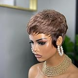 Pixie Cut Wig Human Hair Wear and Go Glueless Wigs Human Hair with Bangs Pixie Cut Wig for Black Women short wigs for black women with BangsFull Machine Made brown Color None Lace Front Wigs