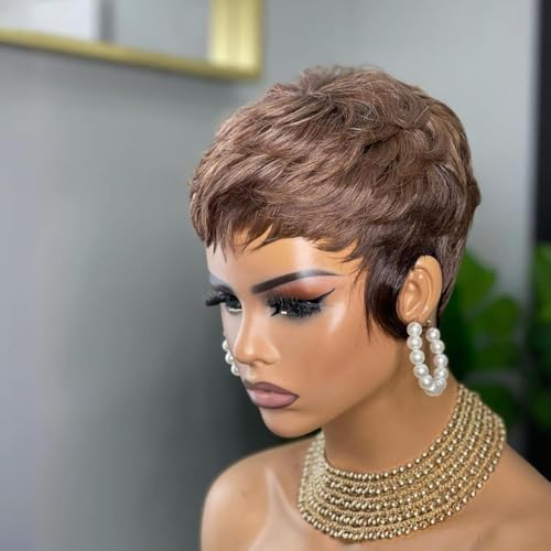 Pixie Cut Wig Human Hair Wear and Go Glueless Wigs Human Hair with Bangs Pixie Cut Wig for Black Women short wigs for black women with BangsFull Machine Made brown Color None Lace Front Wigs