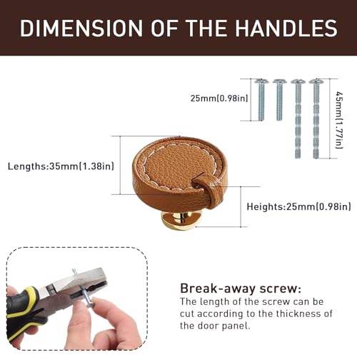 Image of 2 Pack Leather Cabinet Knobs - Brown Round Leather Drawer Pulls for Cabinets, Cupboard, Dressers, Drawers, Bedroom