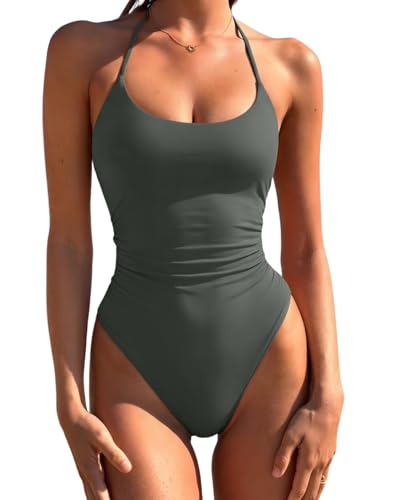 Image of LASLULU Womens One Piece Swimsuits Halter Bathing Suit | Ruched Tummy Control,Cute and Sexy Swimwear,High Cut Cheeky Backless Full Coverage,Swim Suits for Women 2026