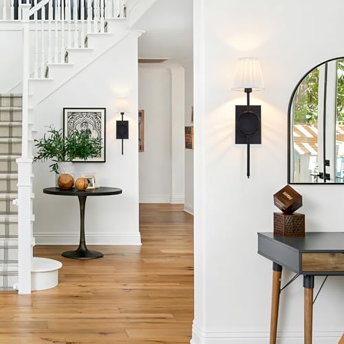Image of ETONIMERR Modern Black Wall Sconces Set of Two, Wall Light Fixtures with White Pleated Fabric Shade, Industrial Wall Lamps for Bedroom Living Room Hallway Bathroom Vanity