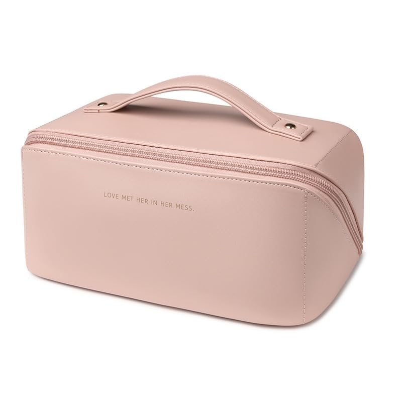 zaleeta Travel Makeup Bag, Large Capacity Cosmetic Organizer Bags for Women, Waterproof PU Leather Toiletry Bags, Wide Open Flat Makeup Case with