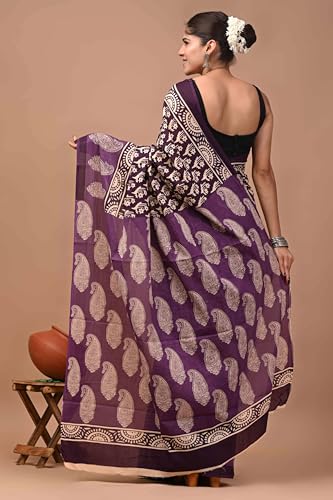 Image of Crafts Moda Hand Block Ajrakh Print Cotton Saree for women with Blouse | Soft comfortable wear sari