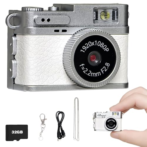 Mini câmera digital, câmera retrô, chaveiro minúsculo 1080p com cartão de 32 GB, gravador de vídeo pequeno com bolso nostalgia, foto para viagem, trilhas, gravação (branca)