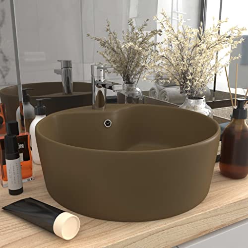 FOZICV Lavabo de luxe avec trop-plein crème mat 36 x 36 x 13 cm, en céramique, à poser, vasque à poser, meuble de salle de bain, moderne, rond, en céramique, avec trop-plein, pour salle de bain