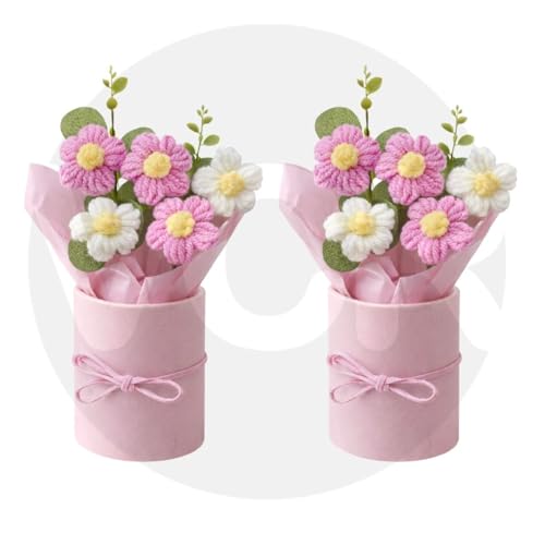Image of VCR Handmade Pink Crochet Bouquet- Pack of 2 - Hand Woven Knitted Artificial Hand Knitted Bouquet Flower for Office Desk, Table, Car, Bedroom, Wedding & Special Occasions