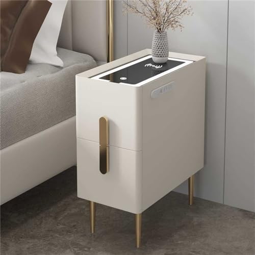 HJYBFA Mesa Auxiliar Inteligente LED Puerto de Carga USB e inalámbrico - Mesa Auxiliar de 2 cajones para Dormitorio y Sala de Estar