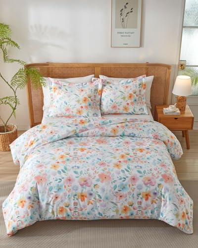 Image of Duvet Cover Full Size Set - Extra Soft Floral Duvet Cover 80 x 90 with 2 Pillow Shams - Comfy, Breathable Floral Bedding Set - Hotel Luxury Easy-Care & Fade Free w / Zipper Closures & Ties - Blush Rose