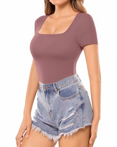 Image of MANGOPOP Womens Square Neck T Shirts Long Sleeve Short Sleeve Tops Fitted Tees