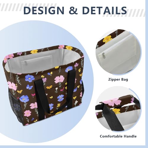 JUNZAN Cute Florals in Black Utility Bag Foldable Tote Bag For Beach With Pockets Resuable Grocery Bags with Handles Laundry Bag Travel3