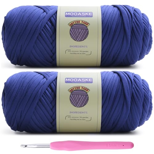 Image of Mooaske 2 Pack T-Shirt Crochet Yarn for DIY Knitting Crochet Cloth Blanket Bag Dolls - 400g Chunky Thick Yarn for Crocheting with Polyester-Spandex Blend Elastic Fabric (Blue)