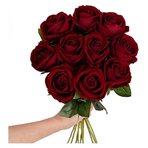 Cotemdery Artificial Velvet Roses Silk Burgandy Rose Fake Red Flowers with Stem Floral Gift for Wedding Arrangement Party Home Decor Cover