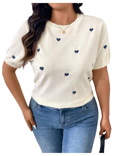 Floerns Women's Plus Size Heart Print Short Sleeve Sweater Fitted Casual Knit Tops White Multi XX-Large Plus