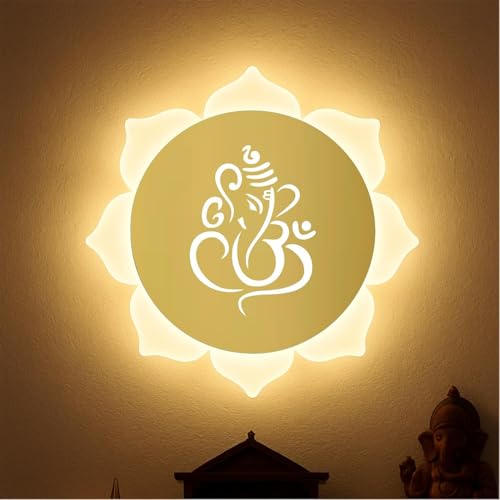 Image of Flower Ganpati LED Wall Light - Gold & Frosted Acrylic | Ideal for Temple, Living Room, Bedroom, Pooja Room, Mandir & Shops - (1 Pack)