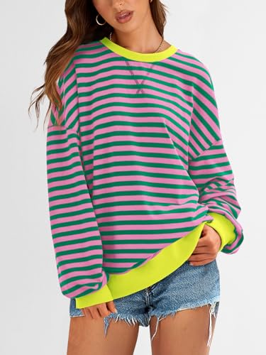 Image of PRETTYGARDEN Womens Striped Oversized Sweatshirt Color Block Crew Neck Long Sleeve Casual Loose Pullover Top Y2K Clothes