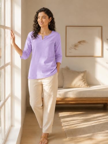 Image of SAADAA Airy Linen Split Neck Short Kurta for Women | Casual & Office Wear | 3 /4 Sleeves, Comfortable Fit | Elegant Top | Lightweight & Breathable Fabric |