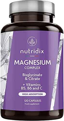 Magnésium 300 mg par dose - Bisglycinate et Citrate de Magnésium avec Vitamines B6, C et B5 - Fatigue, Épuisement et Fonction Musculaire - 120 gélules Nutridix Cover