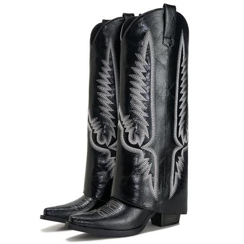 Image of Fold Over Boots for Women Pointy Pull-on Wedge Heel Knee Shark Boot With Side Zipper Padlock Design