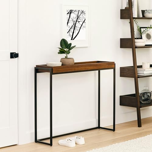 Mesa consola estrecha para pasillo con estante de madera y metal 2