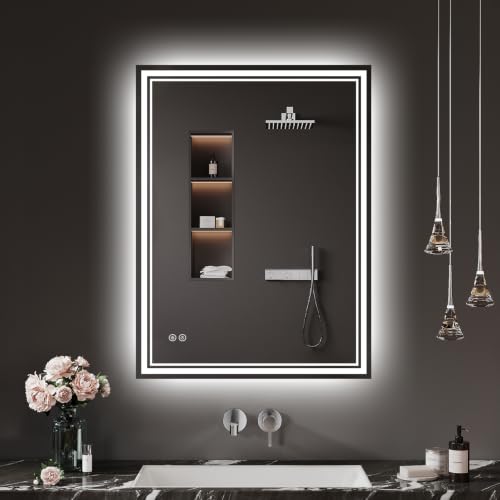 Zurehome Badspiegel-mit-Beleuchtung 40x60cm - LED Badezimmerspiegel Badezimmer Spiegel mit Beleuchtung Beschlagfrei Touch-Schalter 3 Lichtfarben - Bad Spiegel mit Licht Horizontal/Vertikal