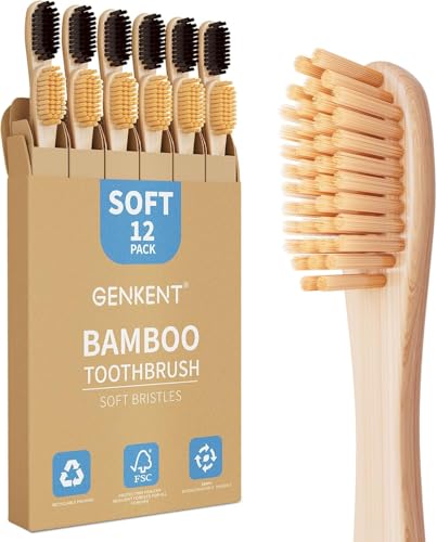 GENKENT Bambus-Zahnbürste, umweltfreundlich, natürliche Holzkohle, mit BPA-freien, weichen Borsten, 12 Stück