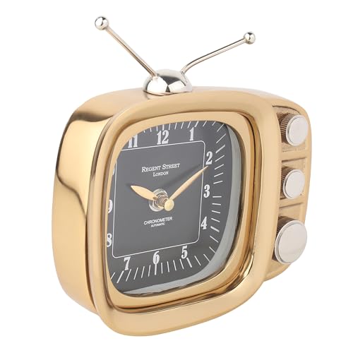 Image of Decor de Maison Brings Handcrafted Retro Tv Timepiece Table Clock for KidsRoom, Living Room, Bedroom, Study Table|Classic Non-Ticking Tabletop Battery Operated Analog Desk Clock in Gold (17x4x17cm)