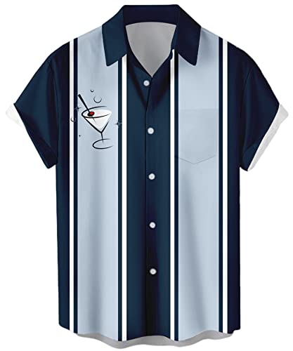 Mens Cocktail Chest Pocket Short Sleeve Bowling Shirt Casual Summer Beach Tops #TOP14