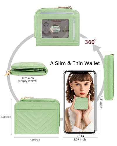 Image of Small Bifold Wallets Woman RFID Mini Wallet for Women Slim Card Holder with Zipper Coin Pocket & 2 ID Windows (Mint Green)