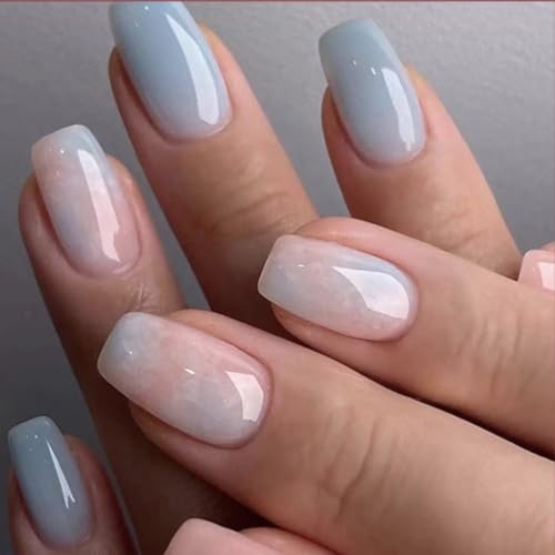 Image of 24 Pcs Reusable Artificial Nails Fake Nails with Glue and Kit| Blue Marble Reflective smooth top coat Press On Nails | ABS Material UV Protected Long Lasting Finish | Reusable Customizable Nail Kit |Medium Square Nails (White - Long Almond)