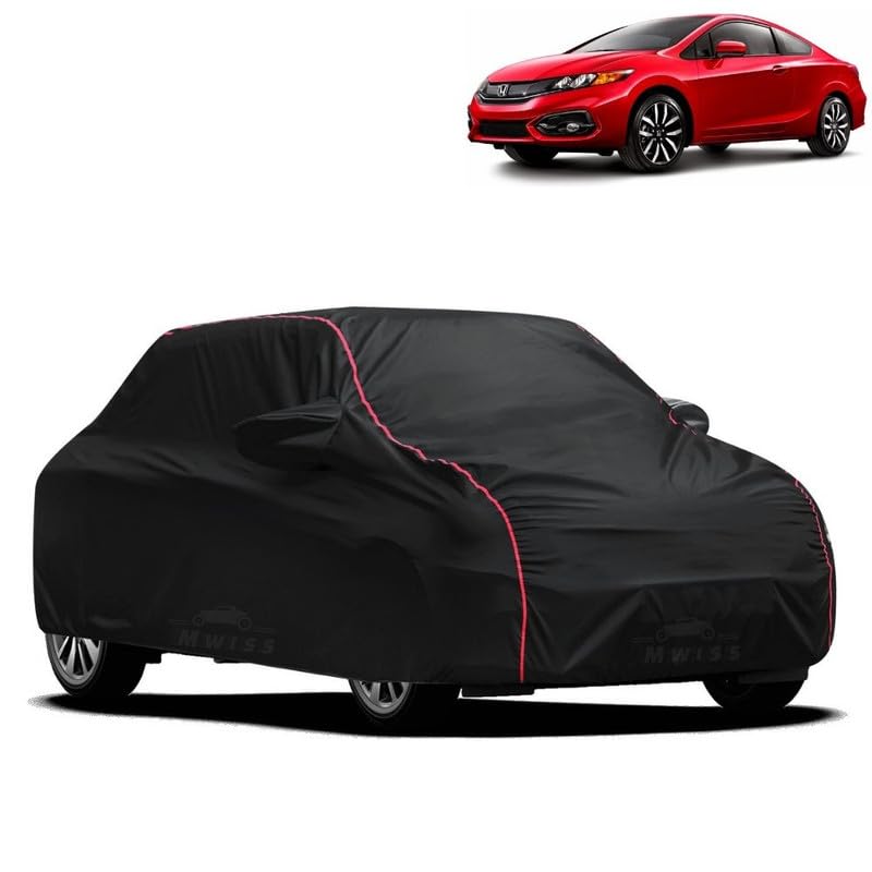 Image of Waterproof Car Cover for Honda Civic | All-Weather Protection, Dustproof & UV Resistant | Triple Stitched Mirror Pockets, Windproof Buckle Strap with Elastic Hem, Black-Red Piping