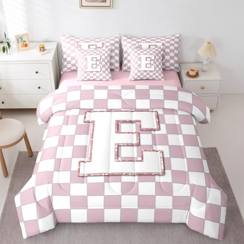 Image of Erosebridal Pink Initial E Full Comforter Set with Sheets 7 Piece Kawaii Plaid Checkered Bed in A Bag Cute Personalized Monogram Bedding Sets for Kids Girls Teen Women,Fashion Grids Gingham Bed Set