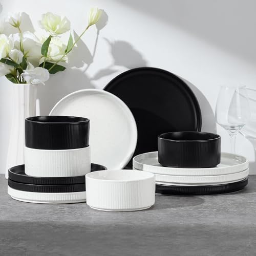 Image of E-far 12-Piece Plates and Bowls Sets, Stoneware Dinnerware Dishes Sets for 4, Chip & Scratch Resistant Ribbed Dish Set for Home Restaurant, Microwave & Dishwasher Safe Speckled White & Matte Black