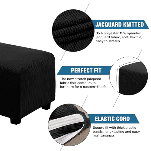 Image of H.VERSAILTEX Ottoman Cover Slipcover Rectangle Fit Length 33 inch-38 inch Footrest Sofa Slipcovers Stool Cover Footstool Protector Covers Feature Stretch Thick Soft Jacquard Fabric Removable Washable - Black