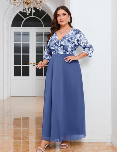 Image of ZOMVA Plus Size Maxi Formal Dress Lace Chiffon Floral V-Neck Wrap Wedding Guest Evening Gown Cocktail Prom 3 /4 Sleeves