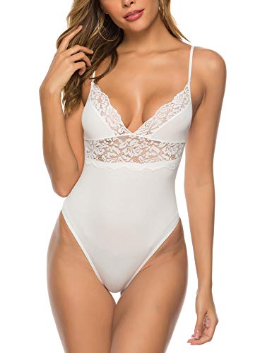 Ellime Women's Sexy Bodysuit Spaghetti Strap Cami Leotard Top Sleeveless Bodycon Jumpsuit Onesie Romper White Large=(12-14)