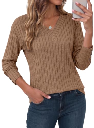 Image of Dokotoo Womens Tops V Neck Lightweight Sweater Fall Long Sleeve Top 2026 | Decorative Buttons, Soft Breathable Knit Material, Pullover Tunic Tops, Business Casual, Fall Outfits, Winter Clothing 2026