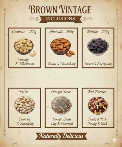 Image of Browntree Brown Vintage Dry Fruit Gift Hamper-6P-1000g | Almond, Cashew, Kishmish, Pistachio, Omega Seeds & Nut Berries |Premium Reusable Gift Box |Perfect for Festivals & Corporate Gifting | Ideal gift box for All Celebration