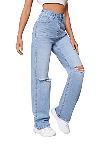 SweatyRocks Women's Ripped Straight Leg Jeans High Waist Distressed Cutout Denim Pants4