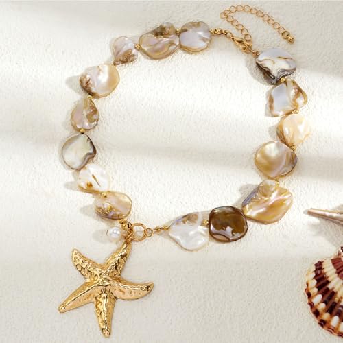Gold Shell Starfish Necklace for Women Pearl Shell Necklace Layered Beaded Starfish Necklaces Summer Beach Surf Jewelry Gifts for Women4