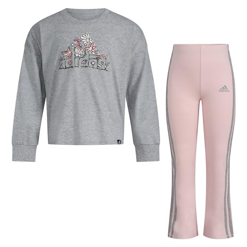 adidas Girls' 2-Piece Long Sleeve Graphic Tee & Flare Pant Set, Grey Heather Pink, 4