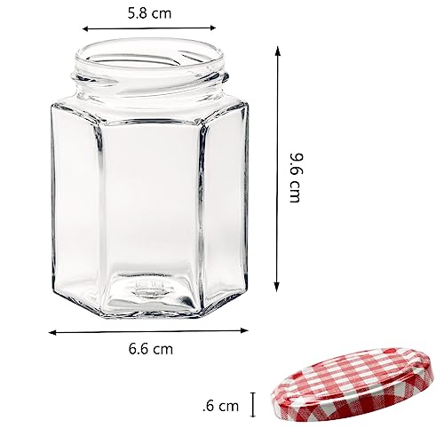 Offer Shop Glass Jam Jars with Red Gingham Lid & Labels - 280ml / 9oz Hexagonal Storage Glass Jars | Clear Airtight Jar for Kitchen Spices Honey or Sweets - 6 Set