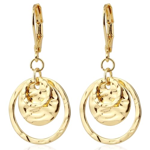 Disc Leverback Earrings for Women, Gold Disc Earrings Boho Disc Drop Earrings Hammered Circle Dangle Drop Earrings Trendy Gold Dangle Earrings for Gift Birthday Anniversary Valentine’s Day
