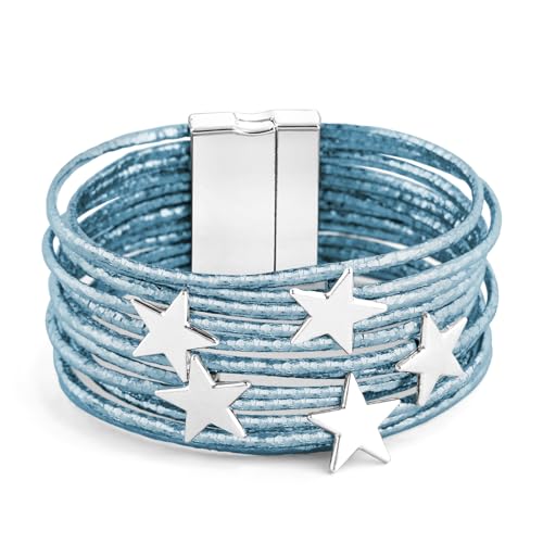 VIBILIA Boho Leather Wrap Bracelets for Women Pentagram Multi-Layer Bracelets with Strong Clasp Jewelry for Women-Blue