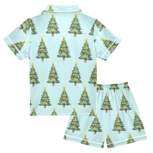 Satin Pajama Sets Short Sleeve Christmas Trees on Light Background Button Down Silky Nightwear 2 Piece PJS 5-14Y2