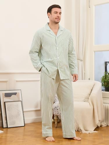 U2SKIIN Men's Pajama Set, Soft Cotton Button-Down Striped Pajamas for Men, Long Sleeve Sleepwear with Pockets & Front Fly (Green White, L)2