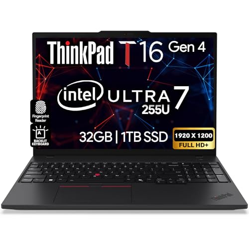 Image of Lenovo ThinkPad T16 Gen 4 Business Laptop, 16 inch WUXGA IPS Display, Intel Core Ultra 7 255U (Beats i7-1355U), 32GB DDR5 RAM, 1TB SSD, WiFi 6E, Backlit KB, Fingerprint Reader, Windows 11 Pro - Black
