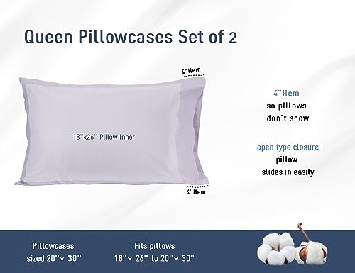 Pillow Cases, Standard Queen Size Cotton Percale Weave Pillowcases, Pre-Shrunk Breathable and Hypoallergenic Pillowcases, Set of 2 (2 Piece Standard/Queen 20 Inch x 30 Inch, Light Purple)