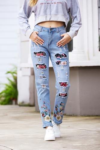 Womens Boyfriend Plaid Patch Ripped Denim Jeans with Hole Stretchy Skinny Flowers Denim Pants3