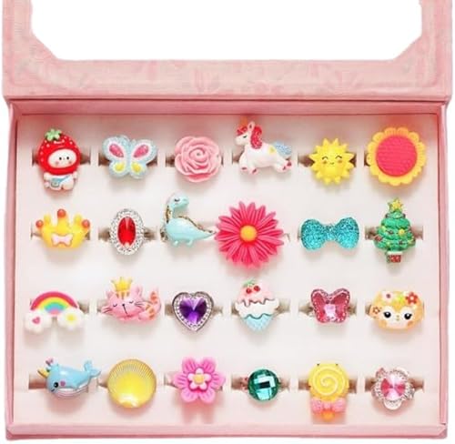 Image of STAR WORK Little Girl Jewel Rings in Box, Adjustable, No Duplication, 24 pcs Girl Pretend Play and Dress Up Rings For Up To 12 Years